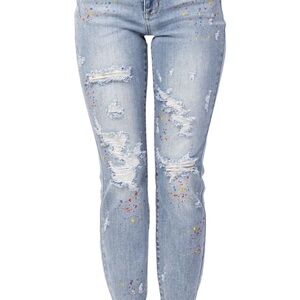 Distressed Light Blue Jeans with Paint Splatter size 15